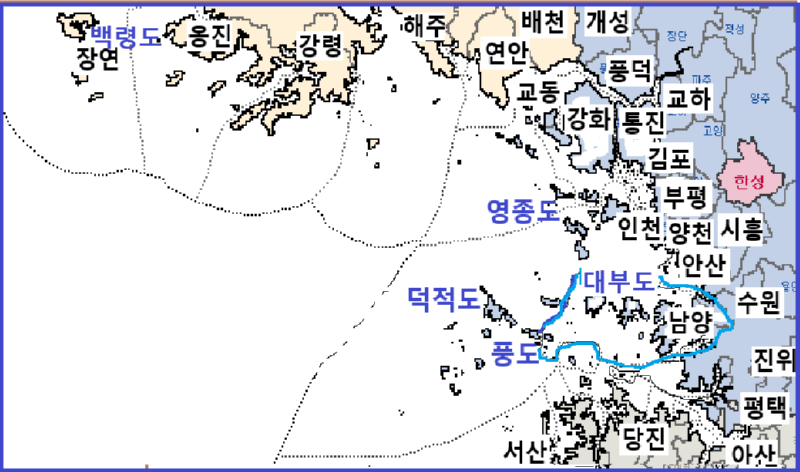 1869년 조선 행정구역-인천부(남양, 시흥, 안산, 수원, 풍도 등) 지명  지도.png